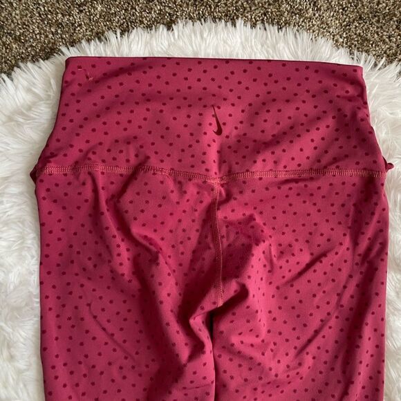 Nike Dri Fit Pink Polka Dot Leggings High Rise Ruched Sides Womens Medium Flaw - Picture 4 of 9